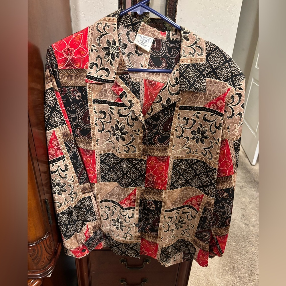 Allison Daley Patchwork Button-Up Jacket - Black Red Cream